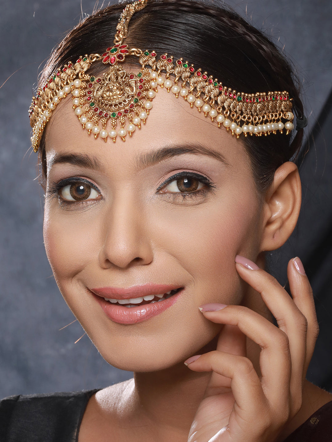 Gold Plated Kempo Studded & Pearl Beaded Bridal Antique Temple Damini Matha Patti